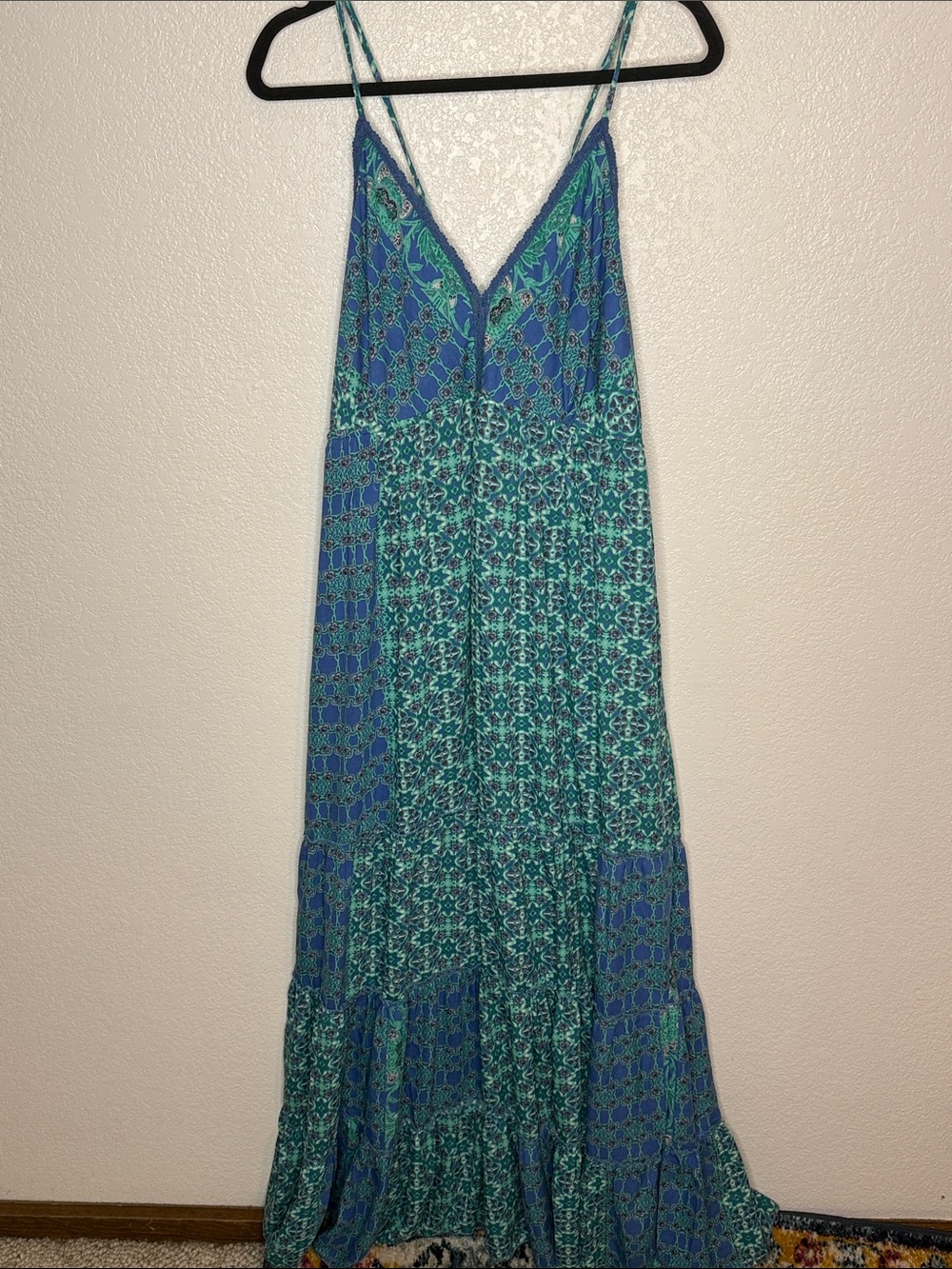 Pyramid Collection Blue Patchwork Print Beachy Boho Maxi Dress Size 2X